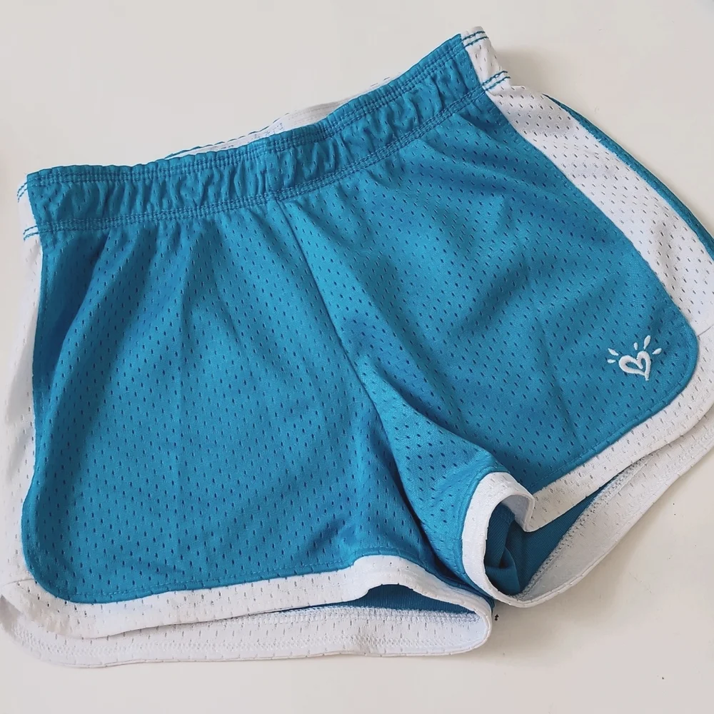 Justice Girls Athletic Mesh Dolphin Shorts Blue White Trim Elastic Waist Size 6